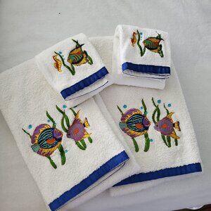 NWOT Bath & Hand Towels 100% Cotton Embroidered Angel Fish Ocean Beach Nautical